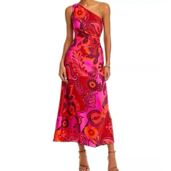 NEW FARM Rio Bold Floral Pink Midi Dress One Shoulder Cut-Out Beaded Tie Size L - Picture 2 of 16